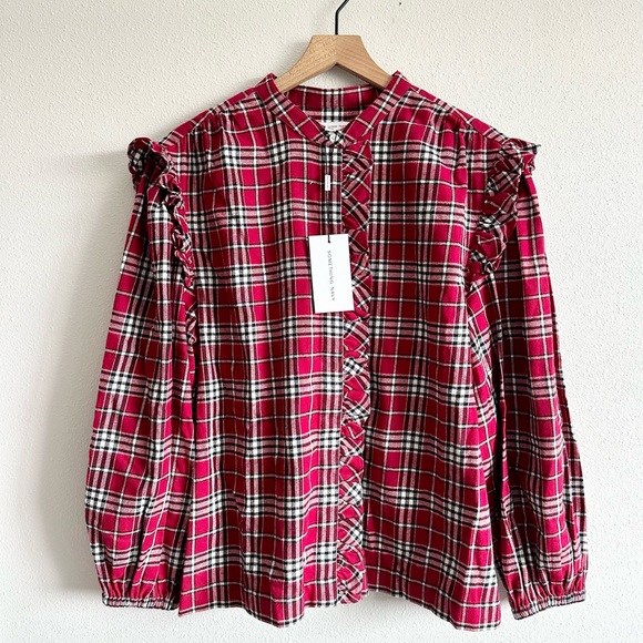 NWT Something Navy Flannel Plaid Ruffle Shirt Sz XL - Picture 6 of 11